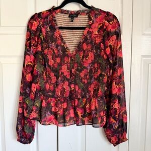 Jessica Simpson Blouse Womens S Floral Smocked Peplum Long Sleeve Fairy Whimsy